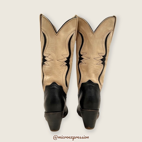 1980s Frye Vintage Black Cream Lizard Cow Leather Pull On Western Cowboy Boot